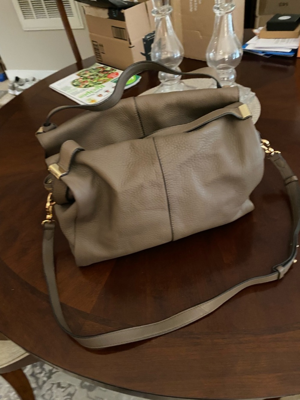 Vince Camuto Taupe Leather Shoulder Bag with Gold Hardware